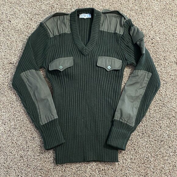 Vintage V Neck Sweater Size 42 Men’s Pure Wool Army Tactical Ribbed Knit - Picture 1 of 7